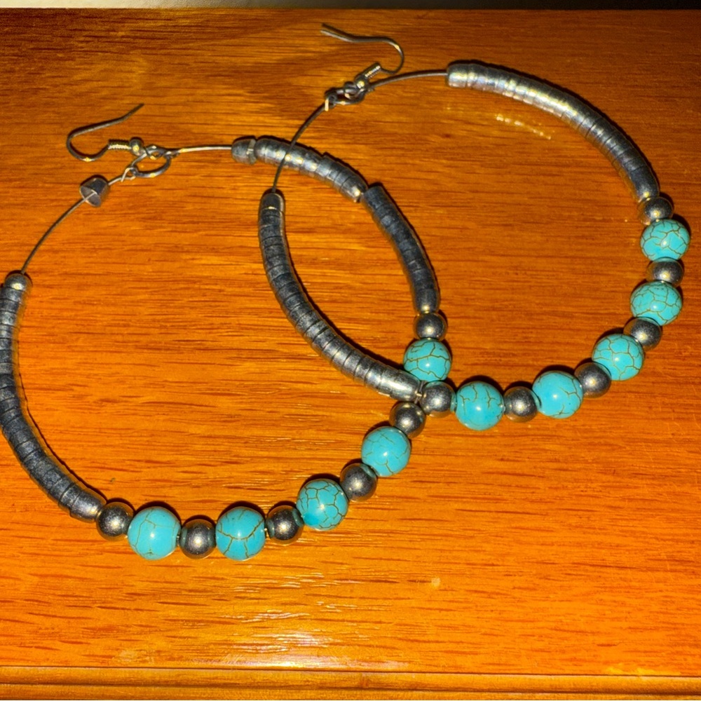 Silver and Turquoise Beaded Hoop Earrings